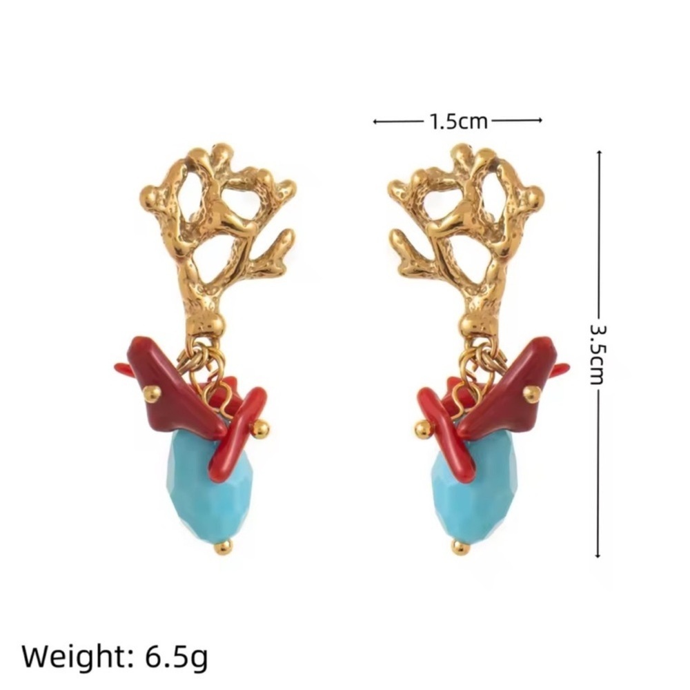 Gold Leaf Coral Blue Earrings - Picture 5 of 5